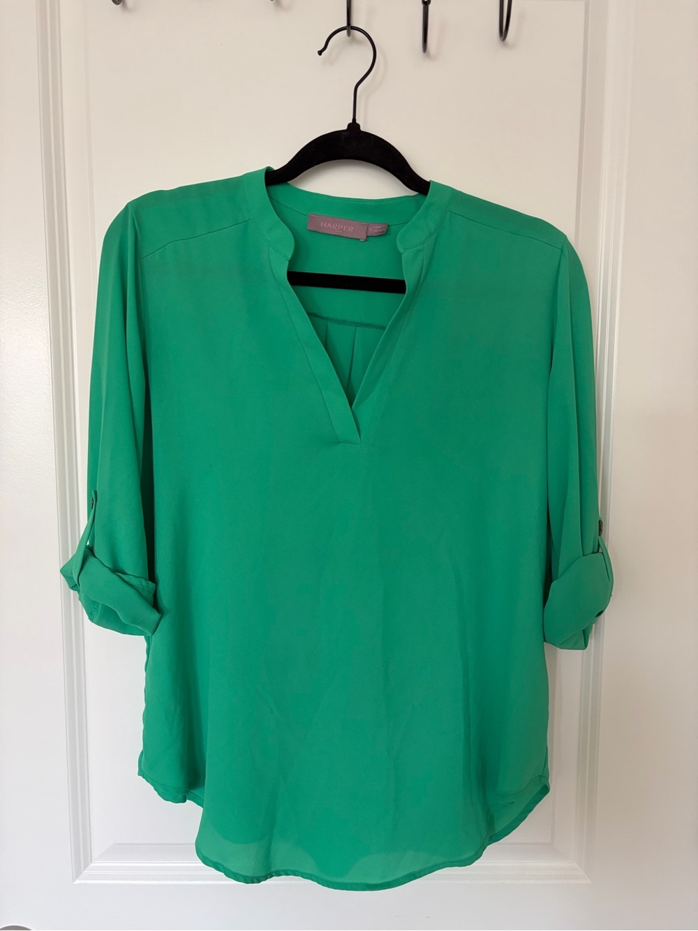 Harper Green Split-Neck Roll-Tab Blouse
